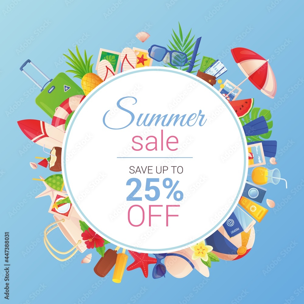 Summer sale banner template. Hot discount, tropical elements collection. Holiday vacation, tourism concept. Stock vector illustration in cartoon style. Summer sale banner template. Hot discount, tropical elements collection. Holiday vacation, tourism concept. Stock vector illustration in cartoon style.