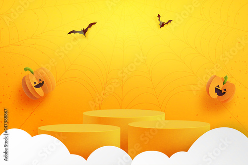 Happy halloween banner background and podium platform template.Halloween pumpkins and flying bats on orange background.