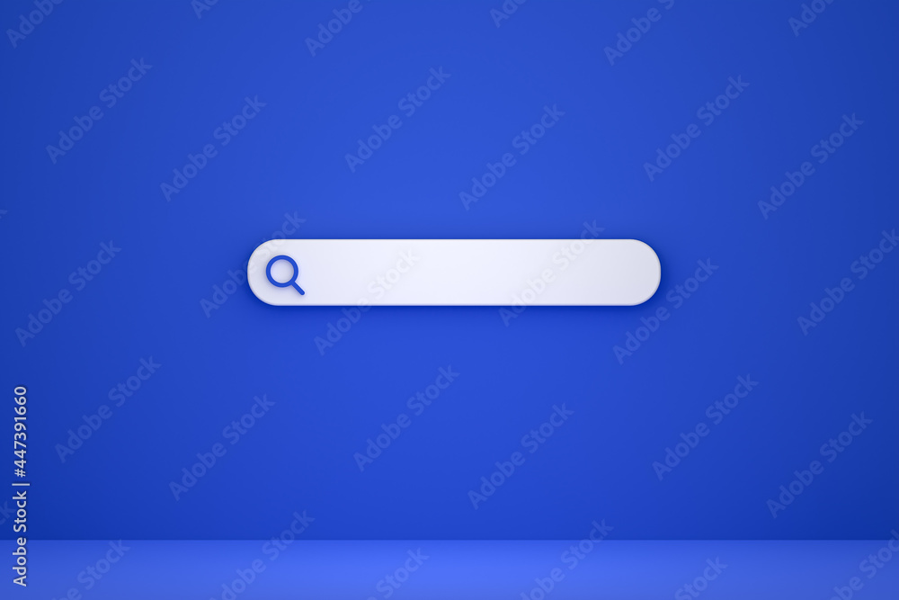 Search bar and icon search 3d render minimal design on blue background Search bar and icon search 3d render minimal design on blue background