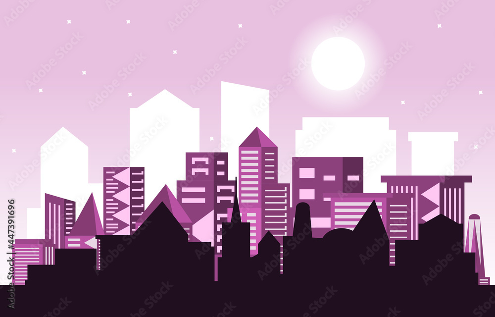 Naklejka premium Night Moon Modern City Skyscraper Building Cityscape Skyline Illustration