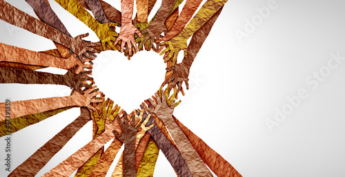 Diverse hands heart and united diversity or unity partnership in a group of multicultural people connected together shaped as a support symbol expressing the feeling of teamwork and togetherness photo