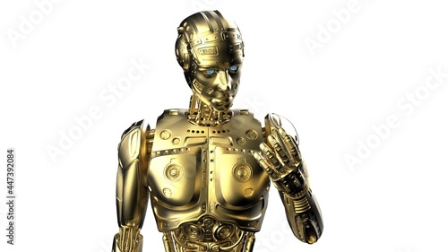 Detailed appearance of the Gold AI robot under white background. 3D illustration. 3D high quality rendering. 3D CG.
