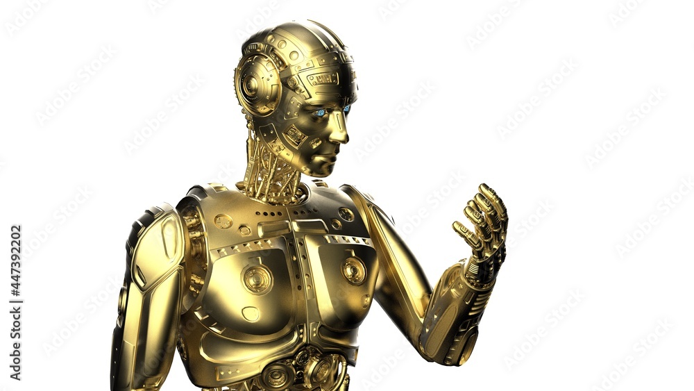 Detailed appearance of the Gold AI robot under white background. 3D illustration. 3D high quality rendering. 3D CG. Detailed appearance of the Gold AI robot under white background. 3D illustration. 3D high quality rendering. 3D CG.