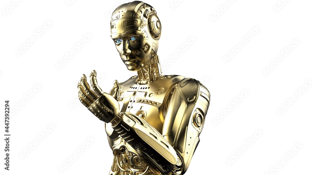 Detailed appearance of the Gold AI robot under white background. 3D illustration. 3D high quality rendering. 3D CG. Detailed appearance of the Gold AI robot under white background. 3D illustration. 3D high quality rendering. 3D CG.