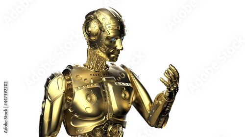Detailed appearance of the Gold AI robot under white background. 3D illustration. 3D high quality rendering. 3D CG. © DRN Studio