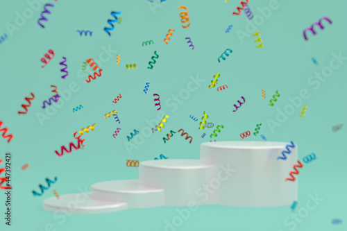Abstract scene geen background 3d rendering with white podium, confetti and multicolor ribbons for festival