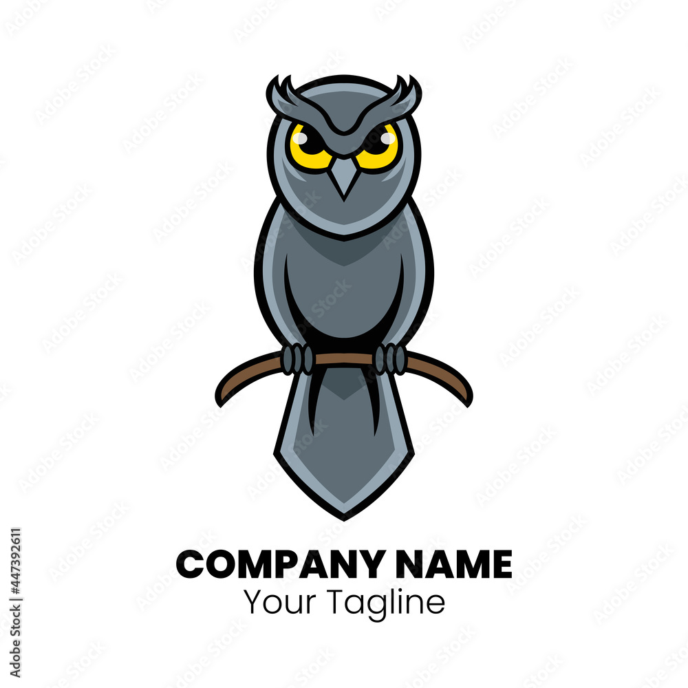 Obraz premium Owl mascot logo design vector. Owl cartoon standing on branch.
