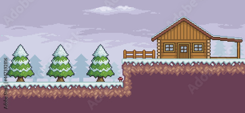 Pixel art game scene in snow pine trees, wooden house, fence 8bit background