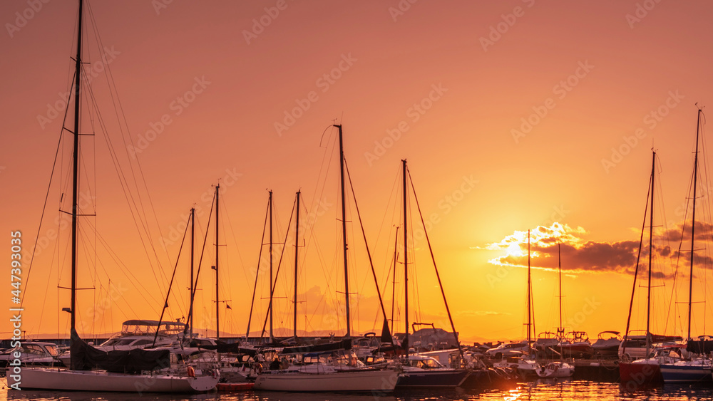 Various ships and boats in a marina on the sunset