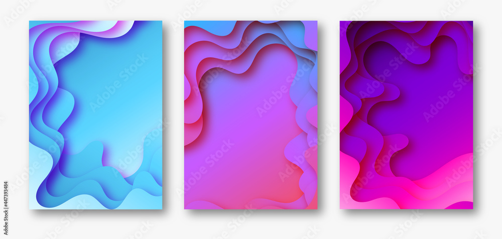 Set of abstract bright summer illustrations, backgrounds with cut paper effect and place for your text. Contrasting colors. Layout design for presentations banners, flyers, posters and invitations. 