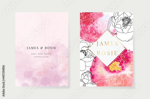 Minimal pink tropical Wedding Invitation, floral invite thank you, rsvp modern card Design in botanical flower water color texture decorative Vector elegant rustic template