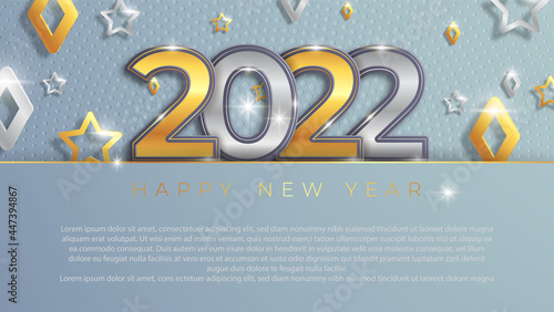Christmas and New Year banners with 3d gold and silver trinkets. 2022 numbers with gray background. Vector illustration. Winter vacation