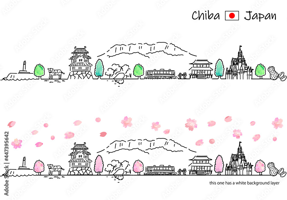 春の千葉の観光地の街並みシンプル線画セット 春の千葉の観光地の街並みシンプル線画セット