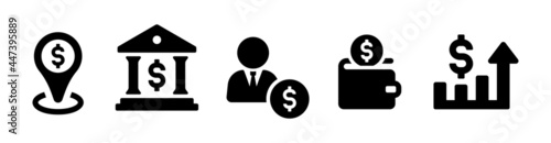 Banking icon set. Dollar with map pin, bank location, businessman, wallet with dollar coin and growth chart symbol. Vector illustration