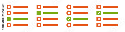 List vector icon with checkbox set. Multiple choice MCQ symbol. Correct and wrong answers, quiz concept.