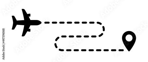 Plane flying on white background. Airplane route to destination icon vector illustration. Flight concept.