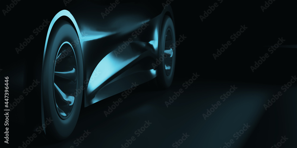 focus on wheel., modern sport car on dark background. 3d Illustration