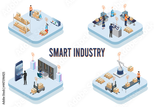 Modern isometric design concept of Smart Industry with development production packaging, global logistics partnership, delivery, automated production line. Vector illustration Eps10