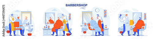 Barbershop concept set. Male haircut and shave, beard and hair care in salon. People isolated scenes in flat design. Vector illustration for blogging, website, mobile app, promotional materials.