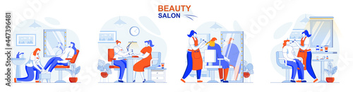 Beauty salon concept set. Hair coloring, professional make up, manicure, pedicure. People isolated scenes in flat design. Vector illustration for blogging, website, mobile app, promotional materials.
