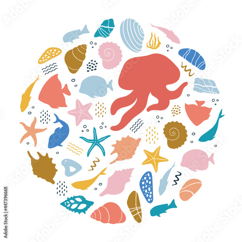 Abstract illustration of summer time concept. Underwater set of silhouettes. .Marine life  shells  seaweed. Flat vector illustration of round shape.
