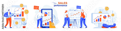 Sales performance concept set. Statistics analysis, data analytics, income growth. People isolated scenes in flat design. Vector illustration for blogging, website, mobile app, promotional materials.