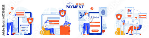 Secure payment concept set. Safe online shopping, protection of transactions. People isolated scenes in flat design. Vector illustration for blogging, website, mobile app, promotional materials.