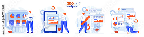 Seo analysis concept set. Analysis of search query data, business statistics. People isolated scenes in flat design. Vector illustration for blogging, website, mobile app, promotional materials.