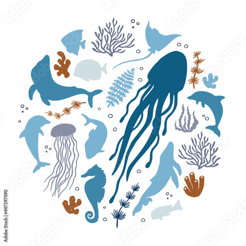 Abstract illustration of summer time concept. Underwater set of silhouettes. .Marine life, coral, seaweed. Flat vector illustration of round shape.