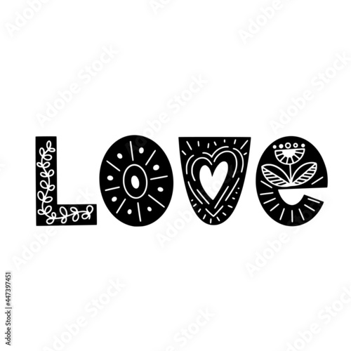 Lettering Happy Valentines Day. Typography in scandinavian style with floral ornament. Vector ilustration.