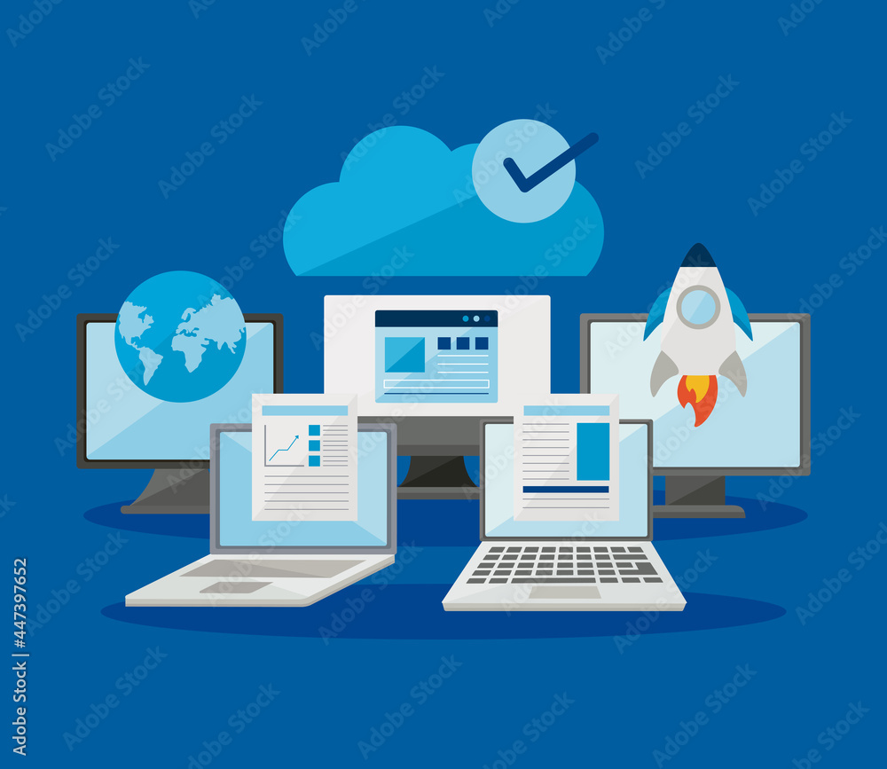 computers and laptops with digital icons computers and laptops with digital icons
