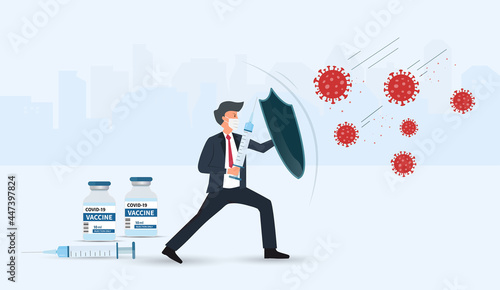 Man holding protective shield and Syringe injection from COVID-19 Virus. Vaccine bottle for COVID-19 immunization treatment. Fight and protect Coronavirus concept.