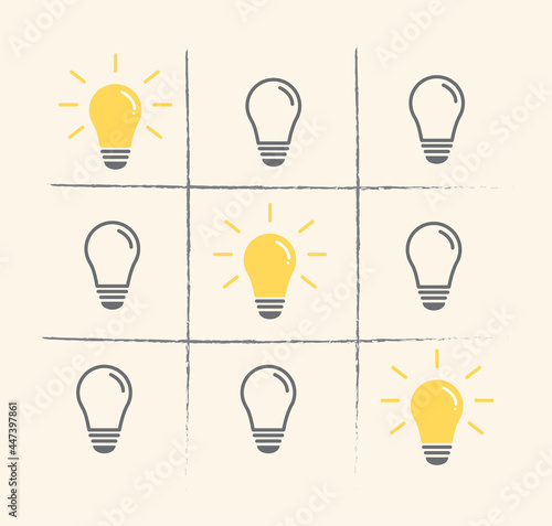 Creative idea and inspiration concept with light bulb on ox or tic tac toe game. Business direction and planning. Business development. Vector illustration.