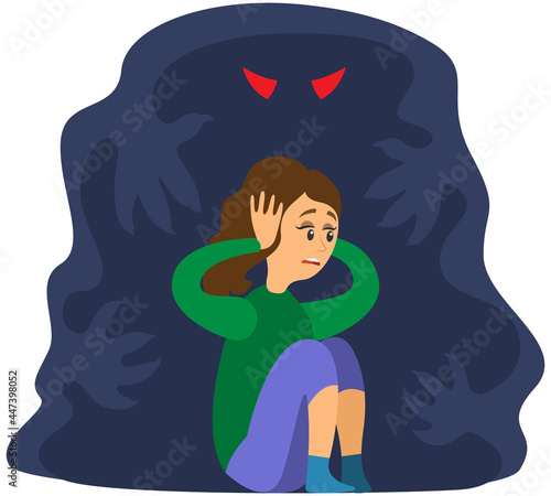 Fear of darkness concept. Woman scared of spooky monster from nightmare. Person is afraid of ghost. Girl tries not to hear monster, ghost in dark. Nightmare, fear of dark, phobia vector illustration