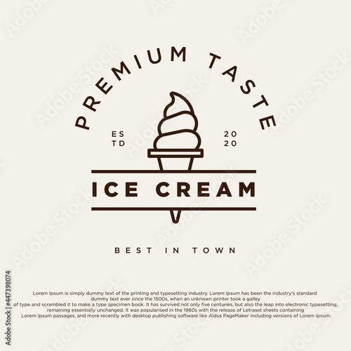 Vintage ice cream shop logo badges and labels, gelateria signs. Classic retro logotypes for cafeteria, bar and other. Vector illustration