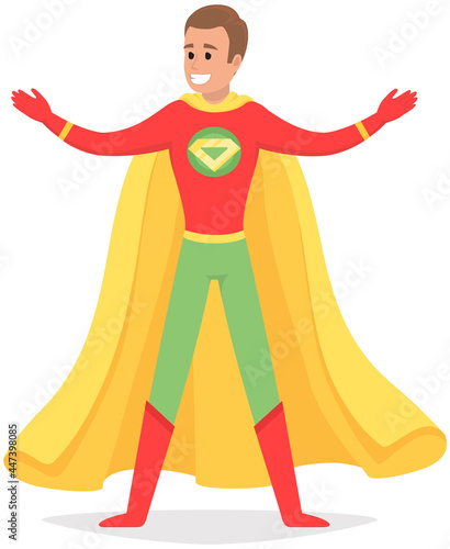 Strong super man smiles and flies to save world stretched out his hand. Brave character in superhero costume with cloak on white background. Cartoon person hurries to protects people from villains