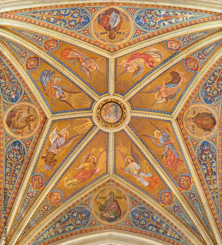 VIENNA, AUSTIRA - JUNI 24, 2021: The celing fresco of angels with four evangelists in the Votivkirche church by brothers Carl and Franz Jobst (sc. half of 19. cent.).