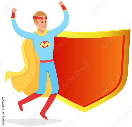 Cartoon man in superhero costume stands near red magic shield on white background. Superman strong savior protects people from villains. Person has superpowers, smiles and hurries to save world