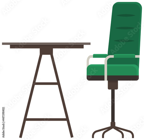 Modern workplace flat design. Office chair and office desk. Furniture and equipment for workplace of employee or office worker, vector interior workspace