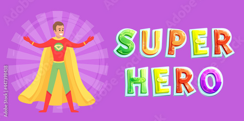 Strong super man smiles and flies to save world stretched out his hand. Brave character in superhero costume with cloak on white background. Cartoon person hurries to protects people from villains