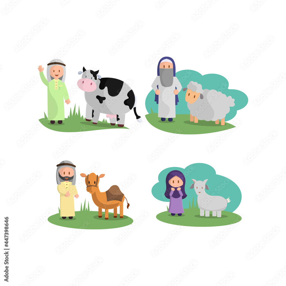 Happy Eid Adha. Celebration of Muslim holiday the sacrifice a camel, sheep, cow and goat Set Happy Eid Adha. Celebration of Muslim holiday the sacrifice a camel, sheep, cow and goat Set