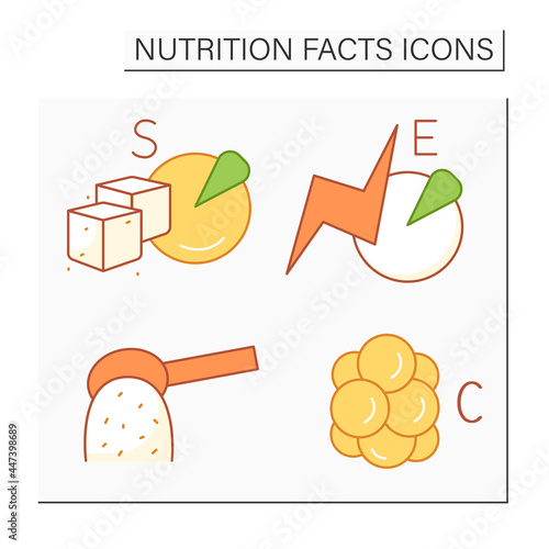 Nutrition facts color icons set. Add sugar carbohydrates.Energy value, cholesterol molecule. Nutrition facts concept.Isolated vector illustrations
