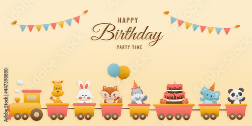 Cute jungle animal on train birthday greeting card. jungle animals celebrate children's birthdays and template invitation paper and papercraft style vector illustration. Theme happy birthday.