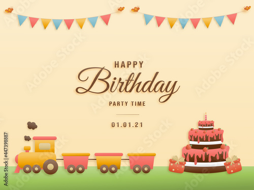 Cute train birthday greeting card. jungle animals celebrate children's birthdays and template invitation paper and papercraft style vector illustration. Theme happy birthday.