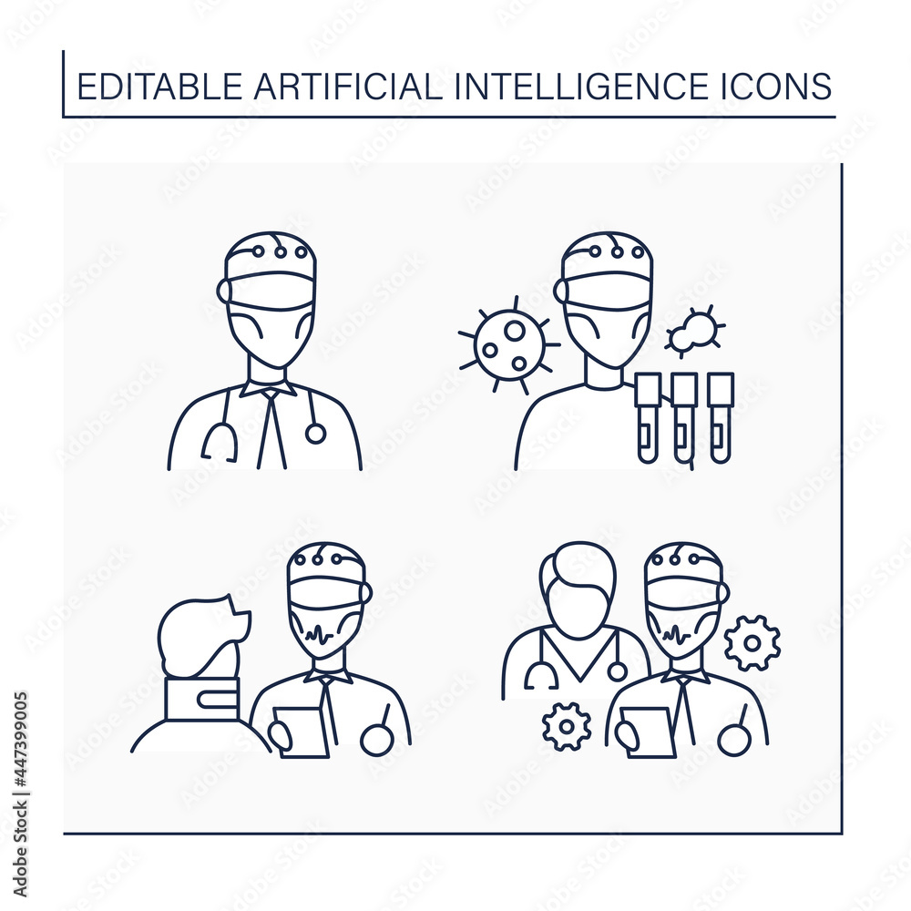 AI diagnostic line icons set. Modern technologies in medical sphere. Digital technologies concept. Isolated vector illustrations. Editable stroke AI diagnostic line icons set. Modern technologies in medical sphere. Digital technologies concept. Isolated vector illustrations. Editable stroke
