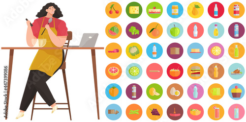Girl sitting at table and watching culinary video blog on computer, healthy eating icons set. Young woman cooking salad in kitchen. Household activity, housekeeping, everyday duties and chores