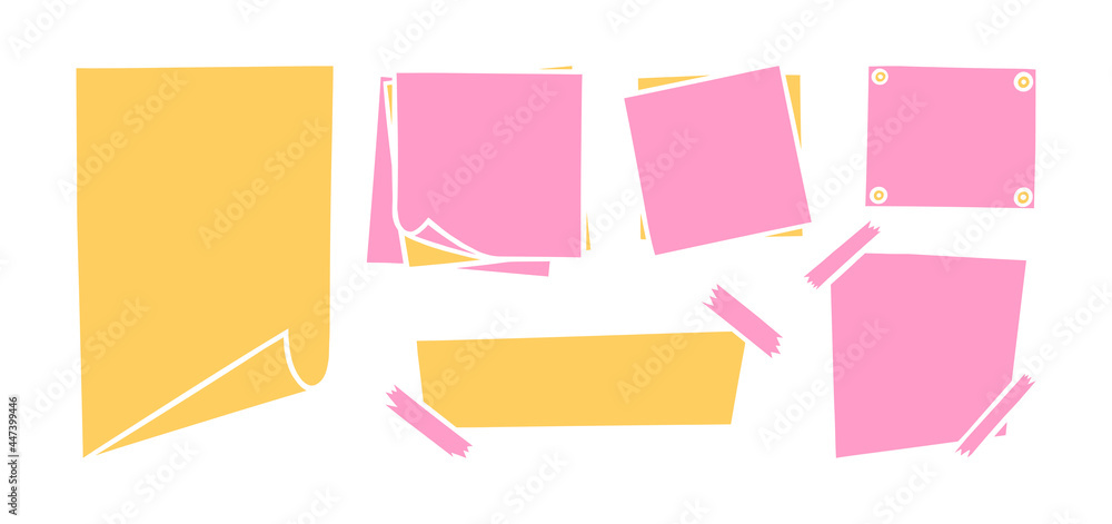 Handdrawn paper sheets with sticky tape and pins. Pink and yellow blank paper pages for memos and messages. Colored vector illustration isolated in white background Handdrawn paper sheets with sticky tape and pins. Pink and yellow blank paper pages for memos and messages. Colored vector illustration isolated in white background