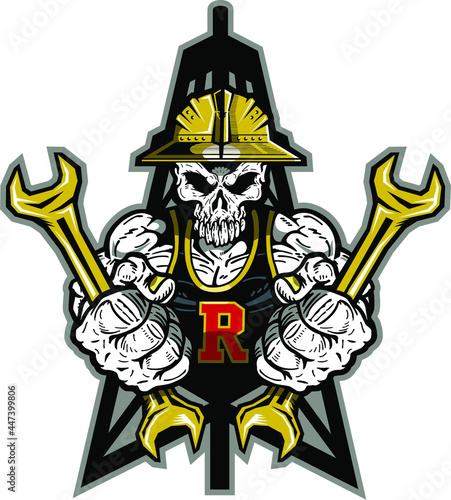 muscular roughneck skull mascot with hard hat, oil rig and wrenches