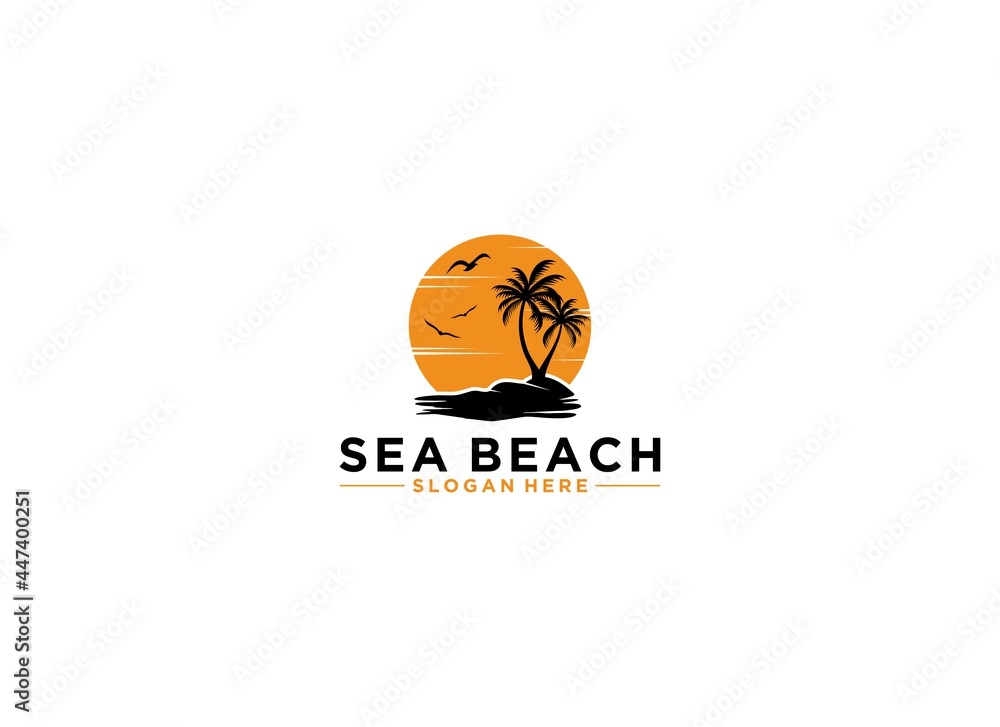 beach logo with coconut trees and flying birds on white background