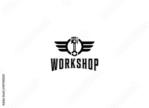 logo for motorized vehicle repair shop with winged piston illustration reflecting engine helper angel